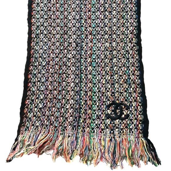 CHANEL Vintage Luxury Black Multi-Color Woven Fringed Cashmere Shawl Wrap Scarf - Picture 4 of 16